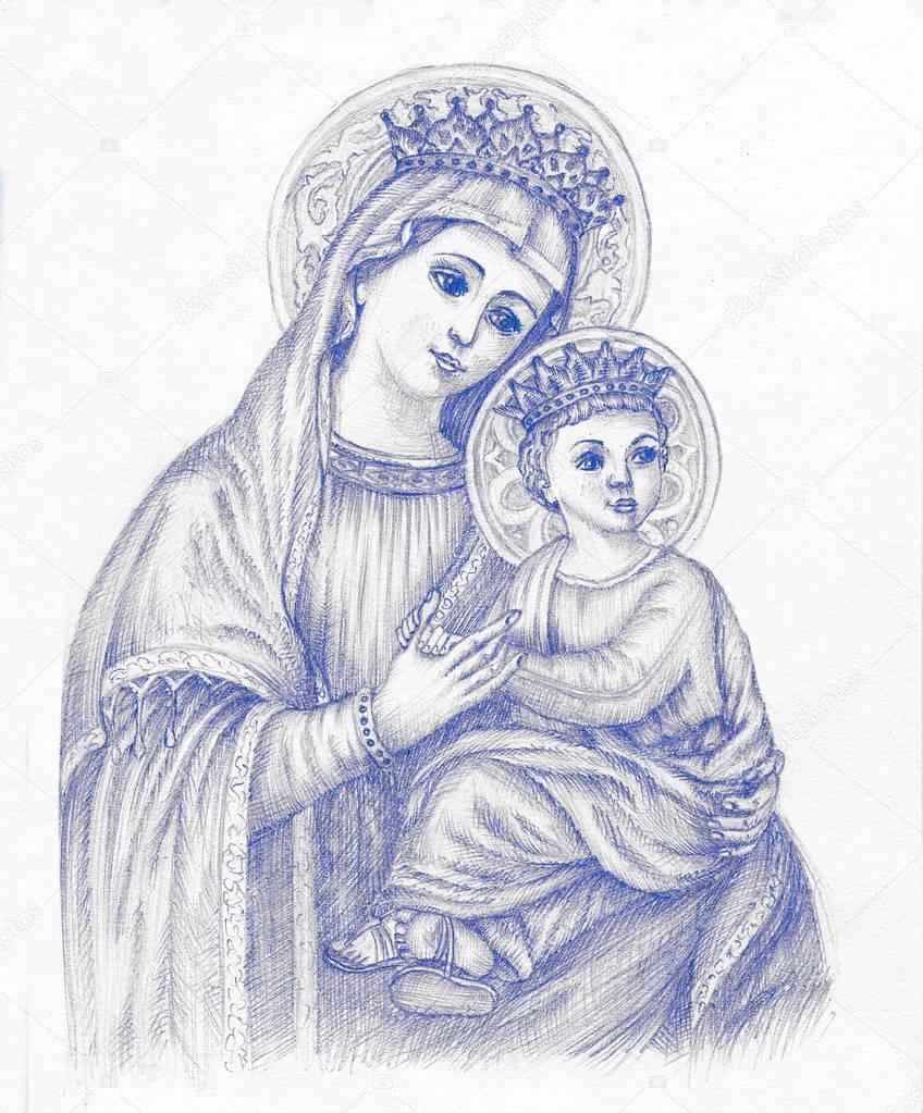 Beautiful pencil drawing illustration for easter. The Holy Virgin Mary