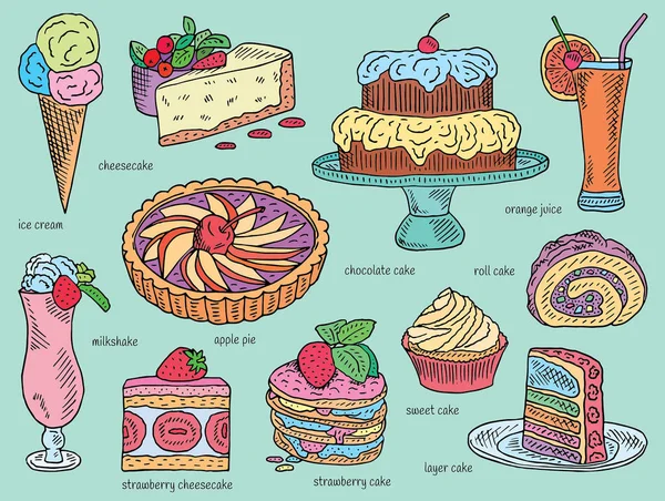 Glace, chocolat, couche, fraise, rouleau, gâteau sucré, tarte aux pommes, jus d'orange, gâteau au fromage, milkshake, menu de desserts — Image vectorielle