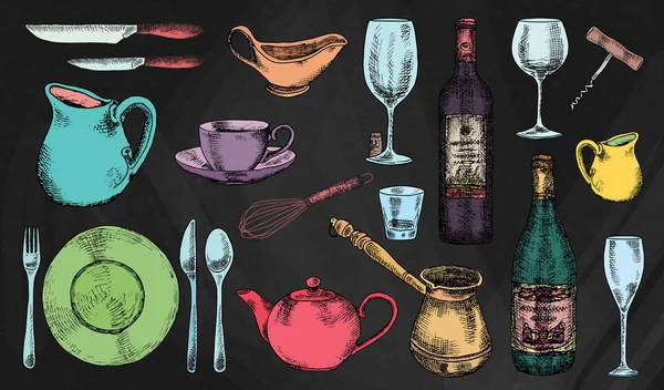 Кухонные принадлежности. Красивая иллюстрация посуды и кухонной утвари на фоне доски — стоковый вектор