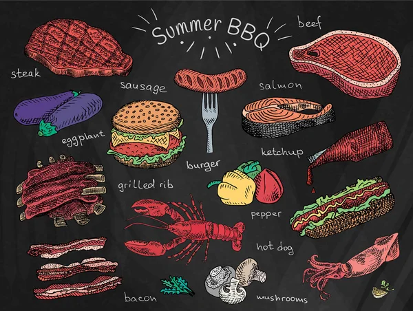 Beautiful illustration summer bbq food, ribs, sausage, beef, steak, eggplant, burger, bacon, vegetables, herbs, mushroom, hot dog, lobster, calamari, ketchup, salmon, pepper on chalkboard background — Stock Vector