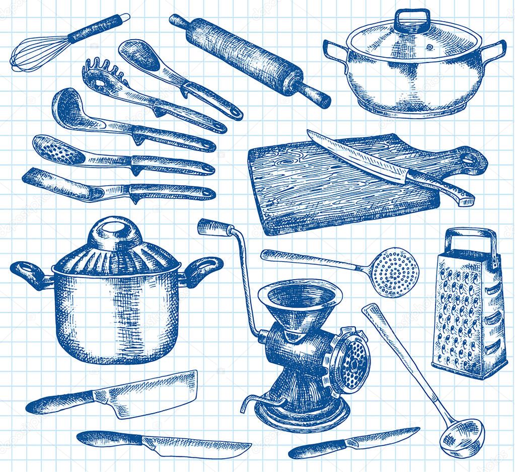 Kitchenware set. Beautiful tableware and kitchen utensils illustration