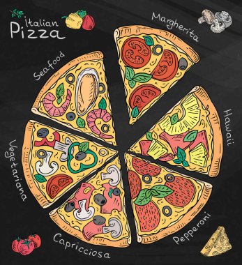 İtalyan Pizza güzel Illustration. Altı dilim pizza Margarita, Hawaii, biberli, vejetaryen ve deniz ürünleri. Tebeşir ve yazı tahtası