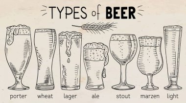 bira türleri. Porter, buğday, Yiğit, ale, ışık, lager bira güzel illüstrasyon