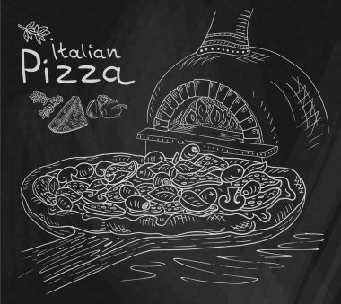 Güzel İtalyan Pizza fırın kara tahta arka plan üzerinde kesme tahtası üzerinde gösterimi