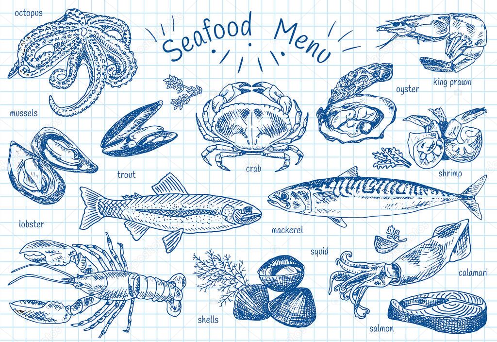 seafood menu, octopus, mussels, lobster, trout, shells, mackerel, crab, oyster, king prawns, shrimps, squid, salmon, calamari