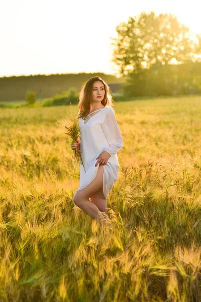 Mooie Jonge Vrouw Dragen Witte Jurk Tarwe Veld Ontspannen Gloed — Stockfoto