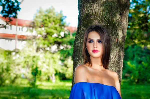 Vértes portréja csinos, fiatal lány a tavaszi kerti viselt kék ruha. Szépség és a smink — Stock Fotó