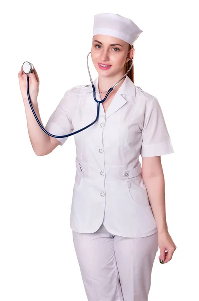 Phonendoscope, 흰색 절연을 유지 하는 인공 호흡기에 여자 의사 — 스톡 사진