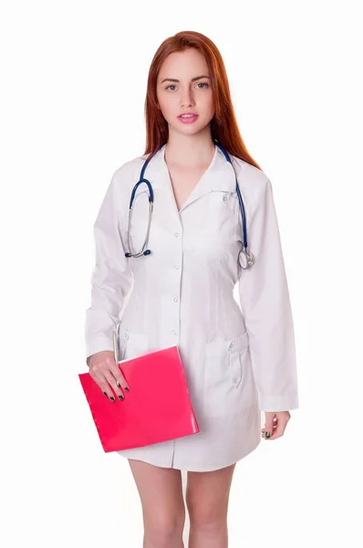 Attraktive Junge Krankenschwester Uniform Hält Einen Ordner Isoliert Auf Weißem — Stockfoto