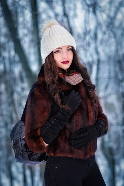 Retrato de una joven hermosa mujer en el parque de invierno —  Fotos de Stock