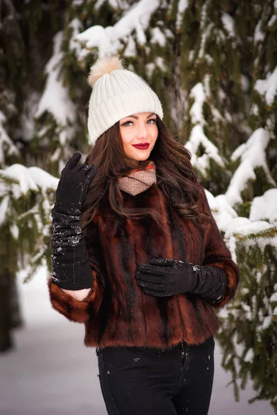 Ritratto di giovane bella donna nel parco invernale — Foto Stock