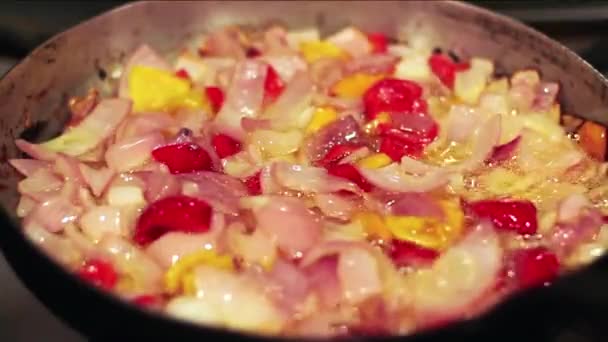 Aji (Chilli) Sauce - Peruvian chilli sauce preparation. Onion, garlic, rocoto, sunflower oil on a pan to be fried — Stock Video