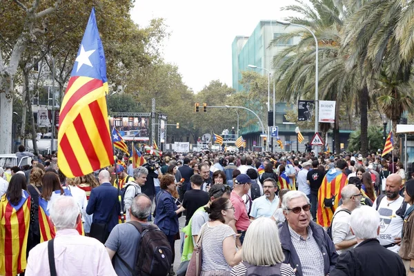 Barcelona, Katalonien, Spanien, 27 oktober 2017: människor firar rösta att förklara självständighet av Catalunya nära Parc de la Ciutadella — Stockfoto