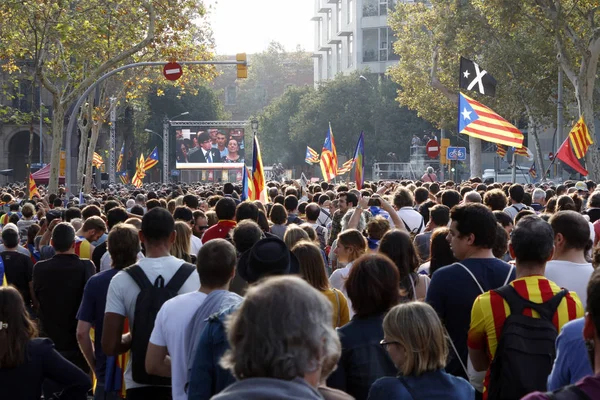 Barcelona, Katalonien, Spanien, 27 oktober 2017: människor firar rösta att förklara självständighet av Catalunya nära Parc de la Ciutadella — Stockfoto