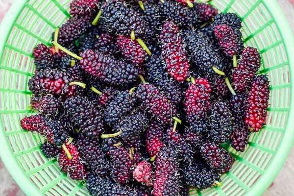 Mûrier dans le panier sur fond en bois — Photo