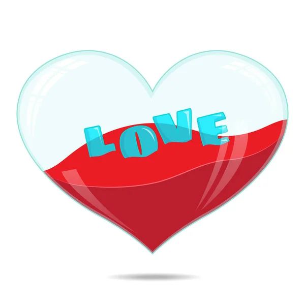 Texto de amor en Corazón de vidrio con liqui rojo — Vector de stock