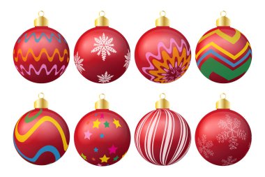 Beyaza izole edilmiş kırmızı noel topları. Vektör illüstrasyonu.