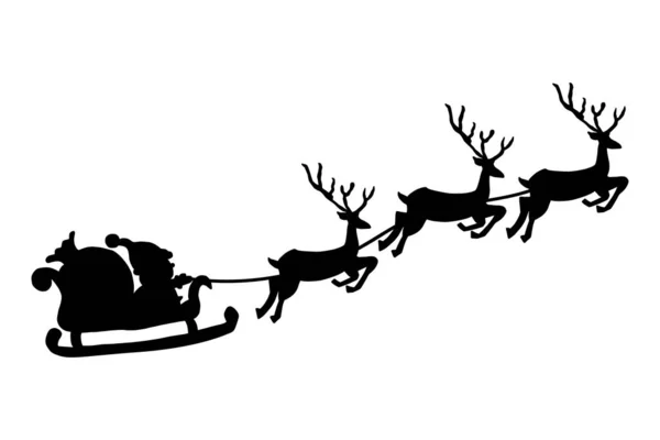 Силуэт летающего Санта-Клауса на санях и оленях — стоковый вектор