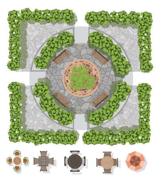 Composição do projeto da paisagem com jardinagem da vista superior e mobília para a ilustração do garden.vector — Vetor de Stock
