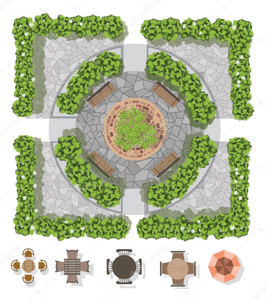 Landscape design composition with top view gardening and furniture for the garden.vector illustration