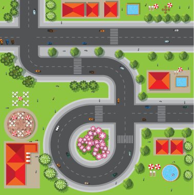 Kentin sokakları, yollar, evler, treetop, vektör Üstten Görünüm