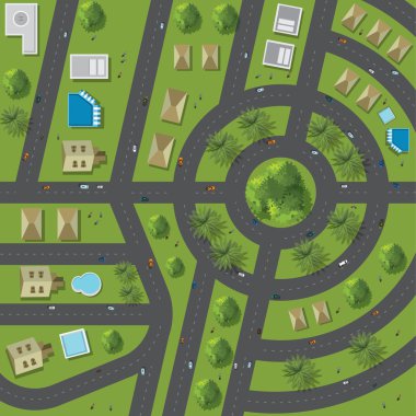 Kentin sokakları, yollar, evler, treetop, vektör Üstten Görünüm