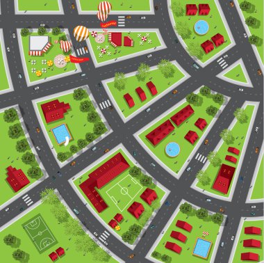Kentin sokakları, yollar, evler, treetop, vektör Üstten Görünüm