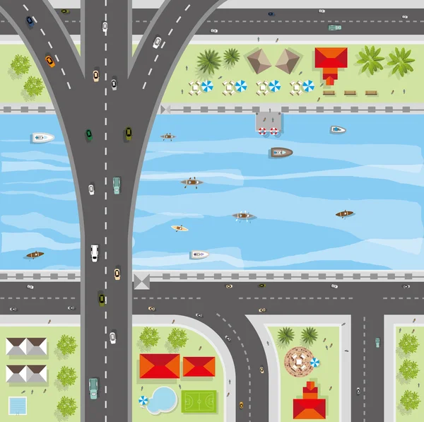 Vue de dessus de la ville de rues, routes, maisons, cime des arbres, vecteur — Image vectorielle