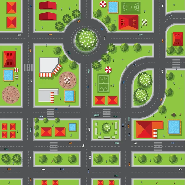 Vista superior de la ciudad de calles, caminos, casas, copa del árbol, vector — Vector de stock