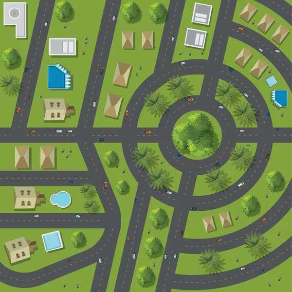 城市的街道、 公路、 房屋、 树梢、 向量的顶视图 — 图库矢量图片
