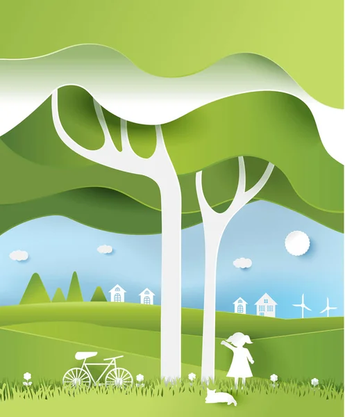 Eco Paper Art Design Stil, Baum und Familie mit nature.vector Illustration — Stockvektor