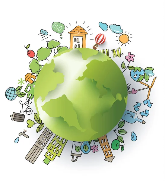 Eco handgezeichneten Stil und Papier geschnitten Globus. Vektorillustration — Stockvektor