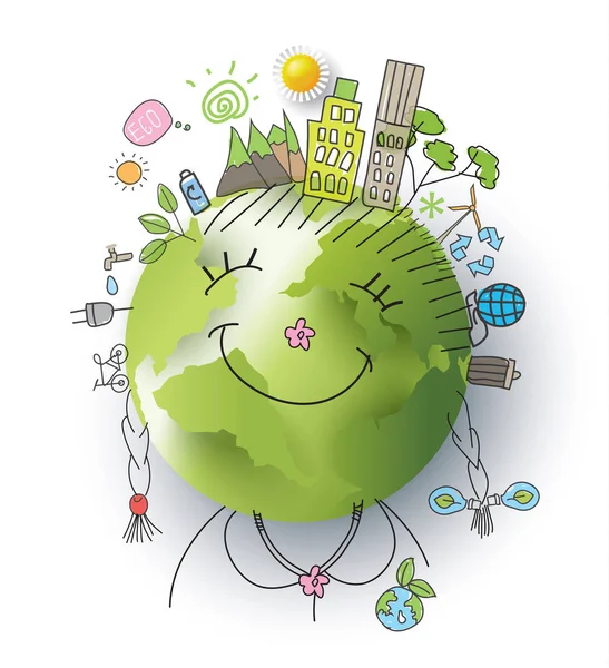 Eco hand getrokken stijl en papier knippen Globe. vectorillustratie — Stockvector