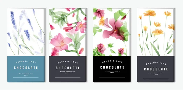 Set di imballaggi per tavolette di cioccolato, stile acquerello. Modello di branding di prodotto di lusso alla moda con etichetta e motivo geometrico. vettore — Vettoriale Stock