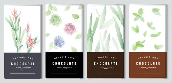 Chokladkaka förpackning mock up set, akvarell stil. Trendiga lyxprodukt branding mall med etikett och geometriska mönster. vektor — Stock vektor