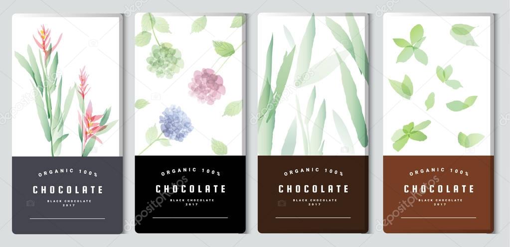 Chocolate bar packaging mock up set, watercolor style. Trendy luxury product branding template with label and geometric pattern. vector 