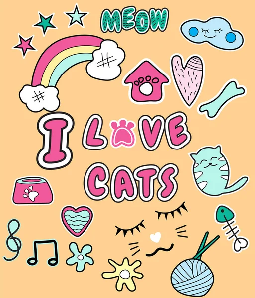 J'aime les chats avec patch mode broches t-shirt poche .vectoriel illustration — Image vectorielle