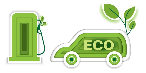 Eco car concept con icona foglia, carta arte design style.vector illustrazione — Vettoriale Stock