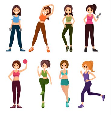 Fitness insanlar egzersiz programı ayarlama, sevimli çizgi film style.vector illüstrasyon