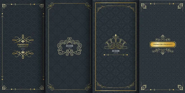 Collection of design elements, labels,icon and frames for packaging and design of luxury products.Made with golden foil Isolated on black background. vector illustration — Stock Vector