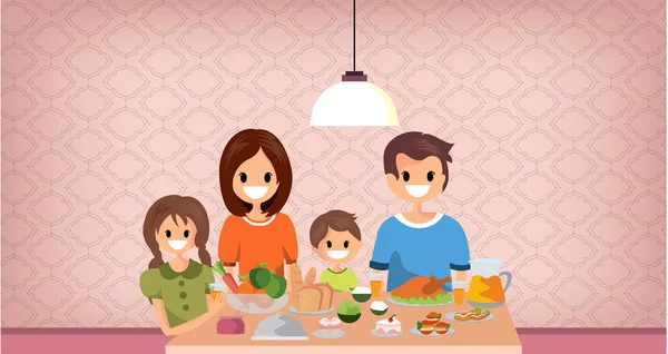 Familia teniendo comida juntos, ilustración style.vector de dibujos animados — Vector de stock