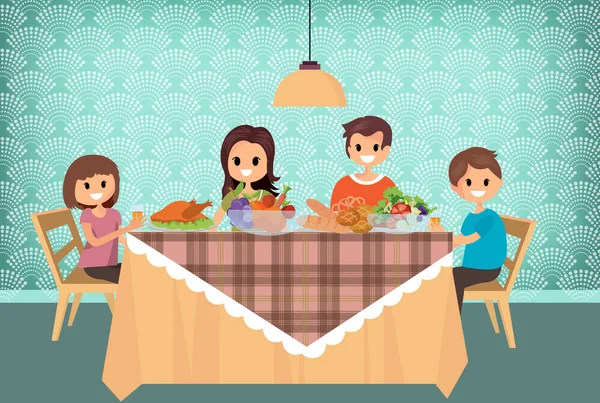 Семья, обедающая вместе, мультяшный стиль. — стоковый вектор
