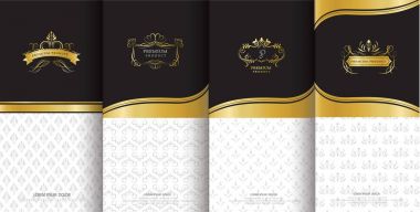 Tasarım öğeleri, etiket, simge, paketleme, lüks ürünlerinin çerçeveler, topluluğu. Altın folyo ile yaptı. Siyah arka plan üzerine izole. vektör çizim