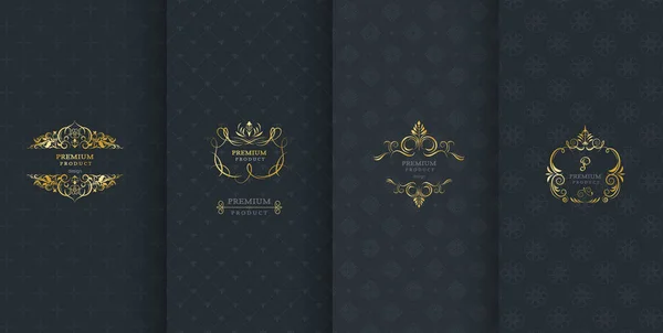 Collection of design elements,labels,icon,frames, for packaging,design of luxury products.Made with golden foil.Isolated on black background. vector illustration — Stock Vector