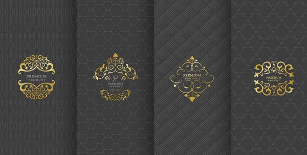 Collection of design elements,labels,icon,frames, for packaging,design of luxury products.Made with golden foil.Isolated on black background. vector illustration — Stock Vector