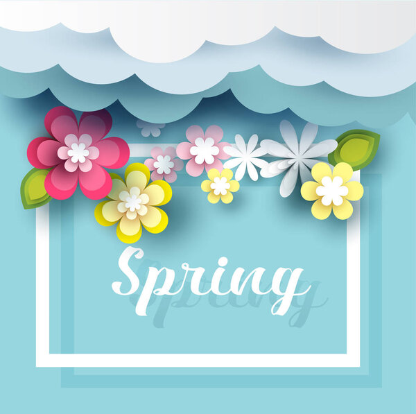 spring sale banner with flower, cloud, for  promotion, paper art style,vector illustration