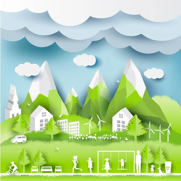 Green eco city and life paper art style, urban landscape and industrial factory buildings concept.vector illustration — Archivo Imágenes Vectoriales