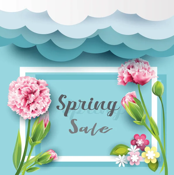 Banner di vendita primavera con fiore, nuvola, per la promozione, stile arte cartacea, illustrazione vettoriale — Vettoriale Stock