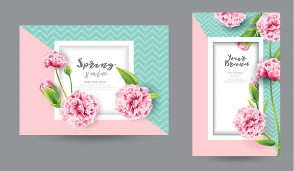 Banners com peônia flores cor-de-rosa, conjunto de convites de casamento, primavera sale.vector ilustração — Vetor de Stock