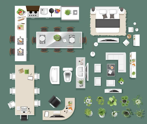 Ícones interiores vista superior, árvore, móveis, cama, sofá, poltrona, para projeto arquitetônico ou paisagístico, para map.vector ilustração —  Vetores de Stock